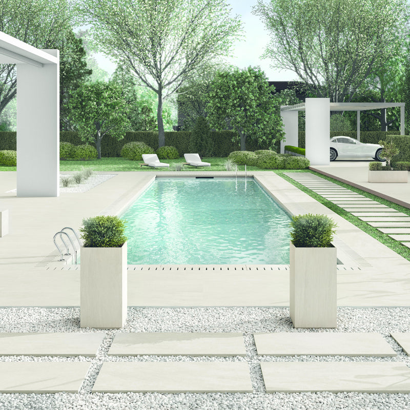 Umber paving used in modern garden with pool